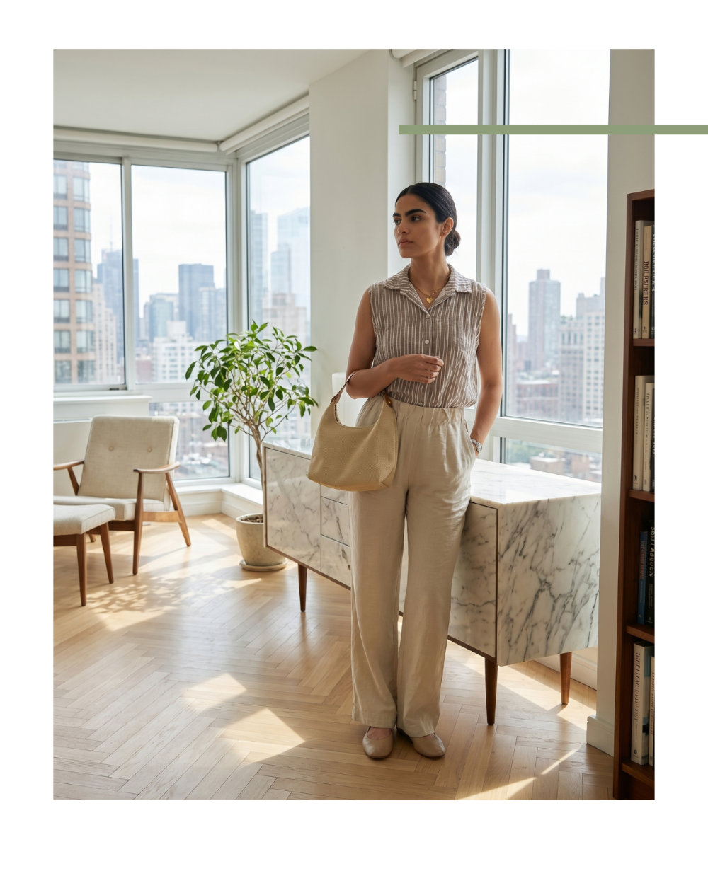 Woman standing in a modern living room with large windows and cityscape view